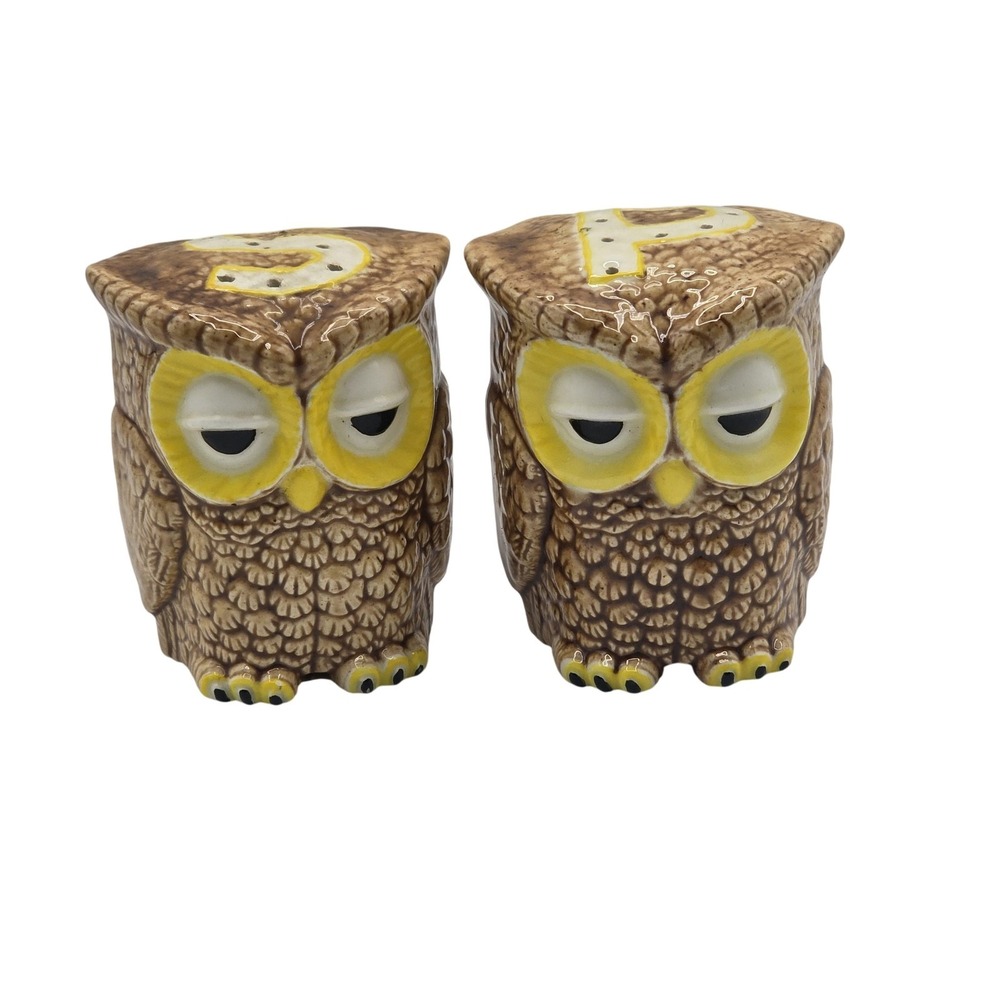 Owl Salt and Pepper Shakers Ceramic Figural Pair Set Brown Yellow Kitchen Decor